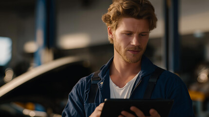 Professional car service scene shows an auto mechanic reviewing live data as he uses a laptop diagnostics test to analyze performance, error codes, and system health. cinematic color correction,