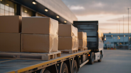 Obraz premium Prepared shipments feature boxes fully packed and loaded onto a large truck positioned outside the warehouse, supporting timely delivery and logistics coordination. cinematic color correction,