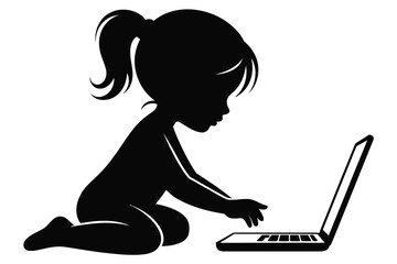 A little girl sitting on the floor and using a laptop computer.
