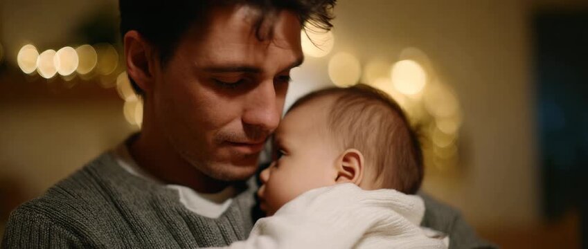 Emotional bond captured as a father lovingly holds his sleeping child.