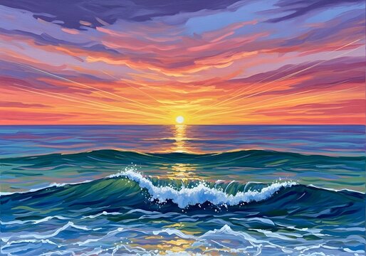 Ocean wave at sunset with colorful sky and sun rays painting style illustration art 90 chr