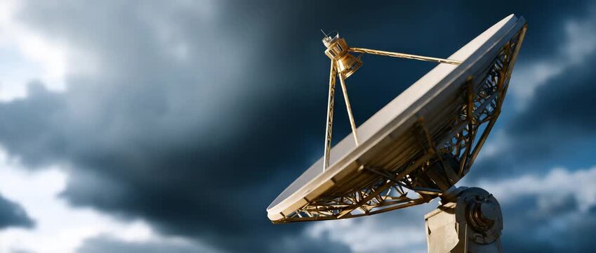 A large satellite dish stands prominently against a cloudy sky.
