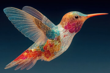 Fototapeta premium An artistic illustration of a hummingbird in flight, rendered in the style of a transparent glass or crystalline structure. 