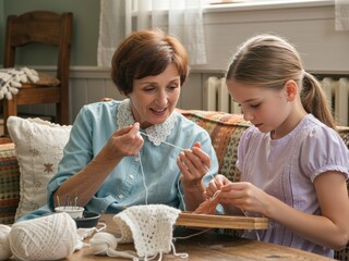 Grandmother teaching granddaughter handicraft and intergenerational bonding