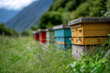 Naklejka premium Colorful Beehives in a Scenic Mountain Landscape for Rural Beekeeping and