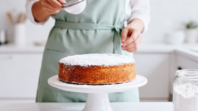 fresh baked sponge cake on white stand dusted with powdered sugar in bright kitchen