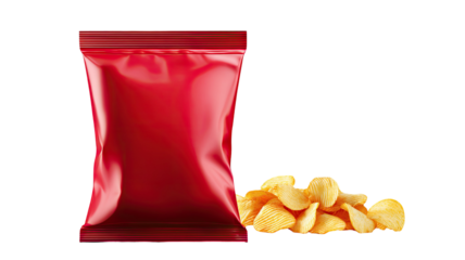 Red snack packaging bag with potato chips realistic food mockup glossy wrapper isolated on white background