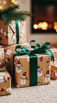 christmas gift boxes with green ribbon and festive snowman wrapping paper by a warm fireplace