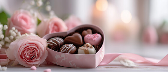 A heart-shaped box filled with assorted chocolates surrounded by pink roses and delicate accents, creating a romantic and charming setting.