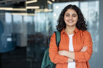Young indian woman with a backpack smiling confidently, posing with crossed arms in a contemporary office or university setting, representing education, professionalism, and success