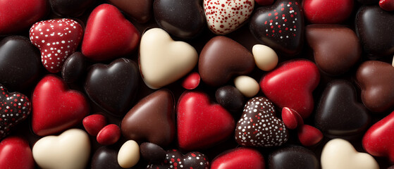 A colorful assortment of heart-shaped chocolates in rich reds, browns, and whites, perfect for celebrating love and special occasions.