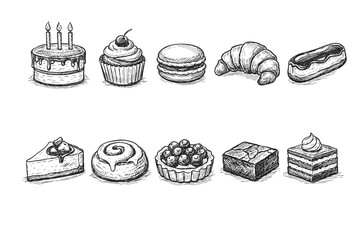 Bakery and pastry hand-drawn icon set. Cakes, cookies, croissants in sketched outline.