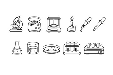 Science, laboratory line icon set. Microscopes, test tubes, equipment in outline style