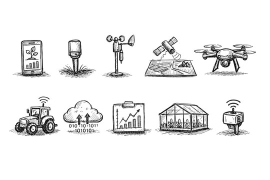 Agriculture and technology sketch icon set. Farming, drone, satellite sketch collection