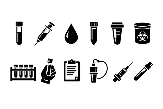 Medical silhouette icon set. Blood test, syringe, biohazard, healthcare icons collection