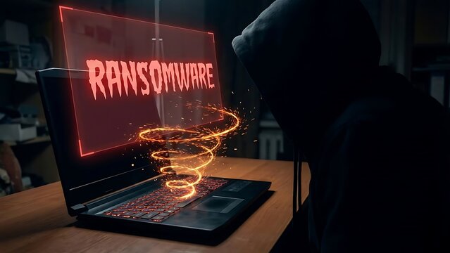 Ransomware cyber attack on laptop computer.
