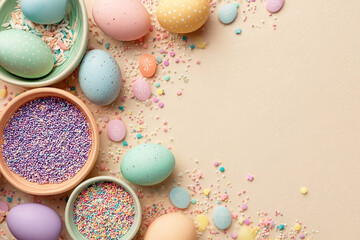 Obraz premium Top view of Easter decor, sprinkles on pastel beige background with copy space