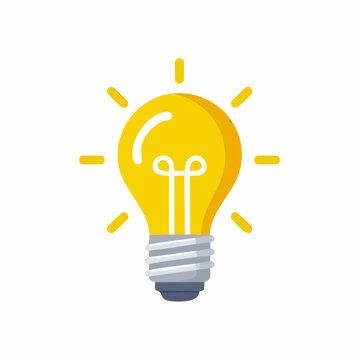 An illuminated lightbulb with glowing filament and radiating lines, symbolizing idea generation, creativity, and innovation in a simple graphic illustration format viewed from the front.