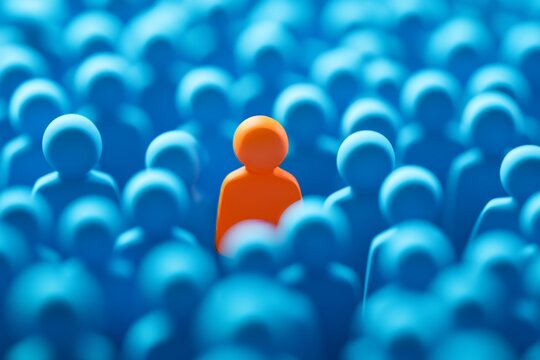 Bright orange figure stands out in a crowd of blue figures to show individuality and leadership in a simple yet striking way
