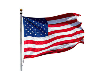 Obraz premium Close-up of American flag waving on a pole, showcasing stars and stripes against a black background