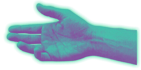 open human palm facing up in offering or receiving gesture featuring teal and purple duotone gradient with heavy grain noise texture isolated on transparent background for surreal art