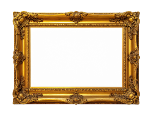Ornate rectangular gilded frame with decorative carvings.  Elegant, empty space, classical aesthetic