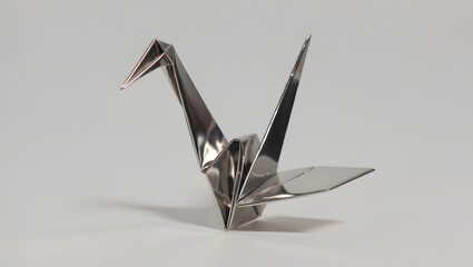 A folded origami crane made of reflective metal