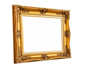 A regal, ornately carved, golden picture frame, angled slightly, revealing a blank white space
