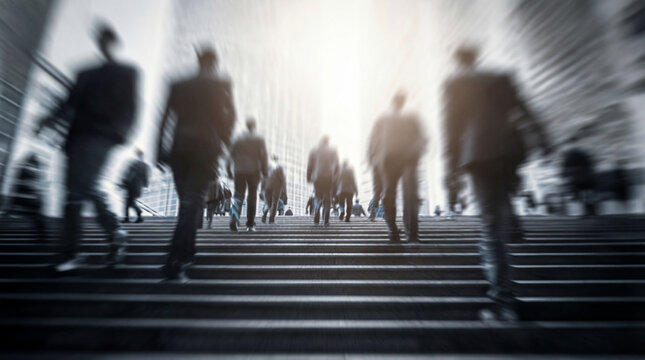 Business people walking and commuting up city stairs with strong motion blur, creating a dynamic sense of movement, ambition, and a fast paced urban corporate environment