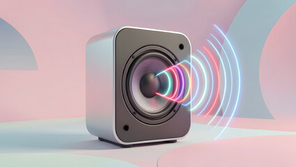 A modern speaker emitting visible sound waves in pastel space