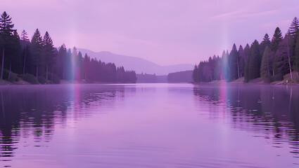 A neon halo hovering just above a calm lavender lake