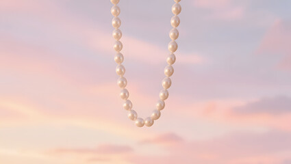 A pearl necklace suspended mid air soft pastel lighting