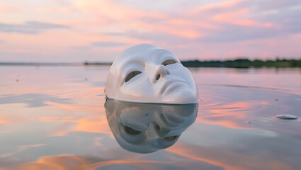 A porcelain mask resting on still water pastel sky reflection