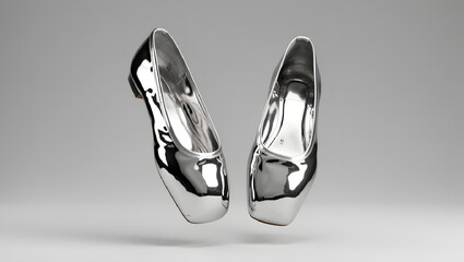 A pair of ballet shoes made of liquid chrome suspended mid air