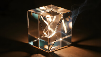 A reflective cube cracked slightly light escaping