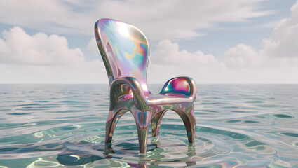 A sculptural chair carved from iridescent metal isolated in a dream sea