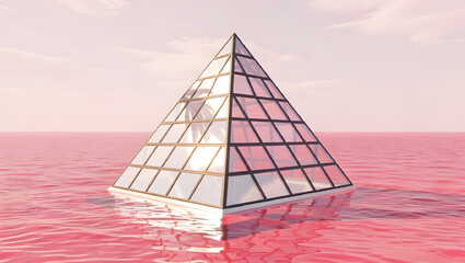 A reflective glass pyramid emerging from a pink sea