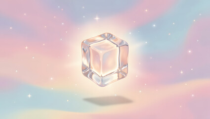 A single ice cube glowing softly floating in pastel space