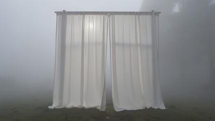 A translucent curtain forming a doorway in mist