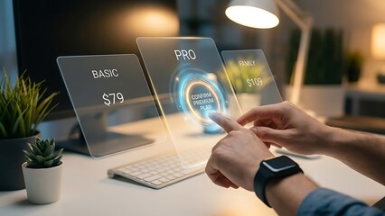 Hands interacting with futuristic digital screens.