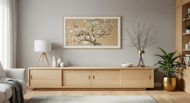 Serene living room with a modern light wood TV console and framed artwork on a grey wall, illuminated by natural light