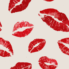 Fototapeta premium Red lipstick kiss marks covering a cream textured paper surface, creating a playful pattern. Red lipstick kiss marks seamless pattern on textured paper