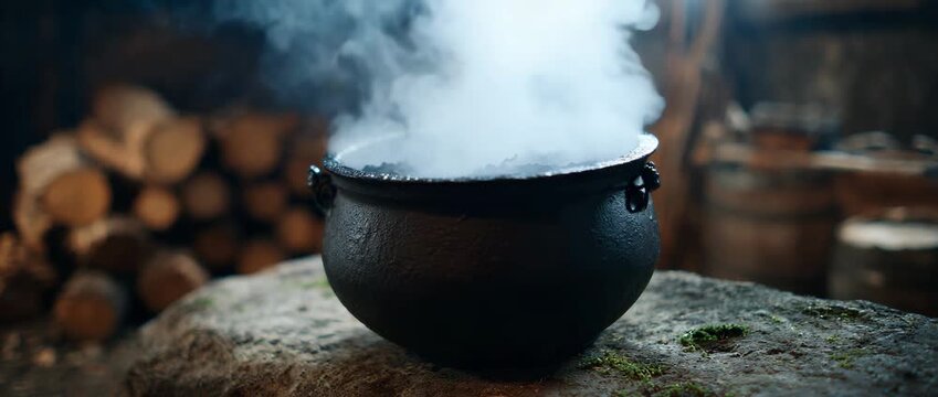 A rustic black cauldron emits steam in a warm, inviting space.