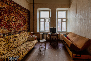 Interior of domestic room of abandoned forsaken apartment house