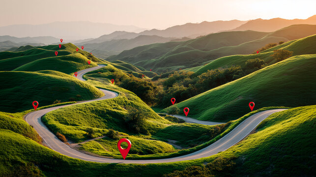 Winding road goes through vibrant green hills at bright sunrise. Many red location pins mark specific points along journey path. Shows map, navigation, progress, future destination concept, planning