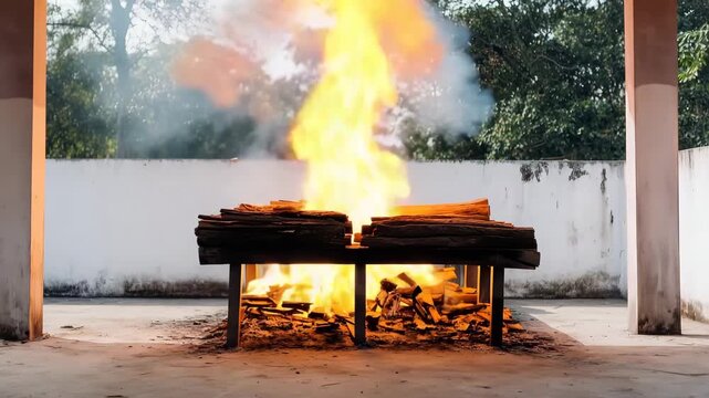 real outdoor cremation pyre structure burning on a wooden bier in rural India, strong flames, thick smoke drifting
