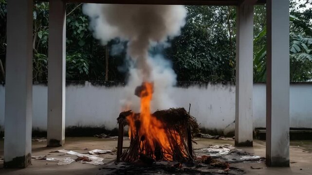 real outdoor cremation pyre structure burning on a wooden bier in rural India, strong flames, thick smoke drifting upwar