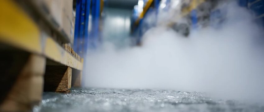 Steam rises from the ground in a cold storage room aisle.
