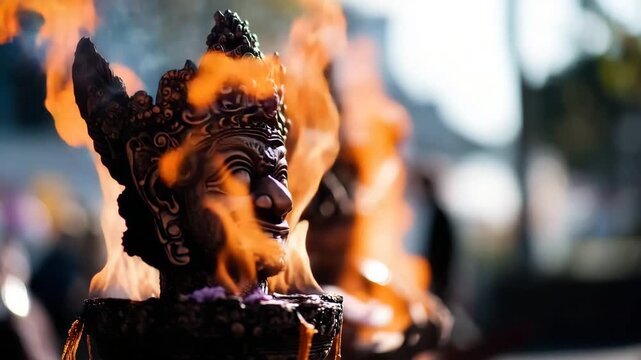 Balinese cremation festival scene burning ceremonial effigy head traditional mask sculpture with detailed carvings and ornaments