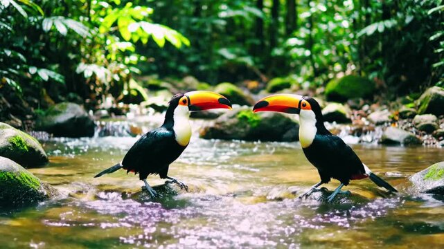 Two toucans playing together in a beautiful stream surrounded by lush greenery and large rocks in a serene natural environment setting together